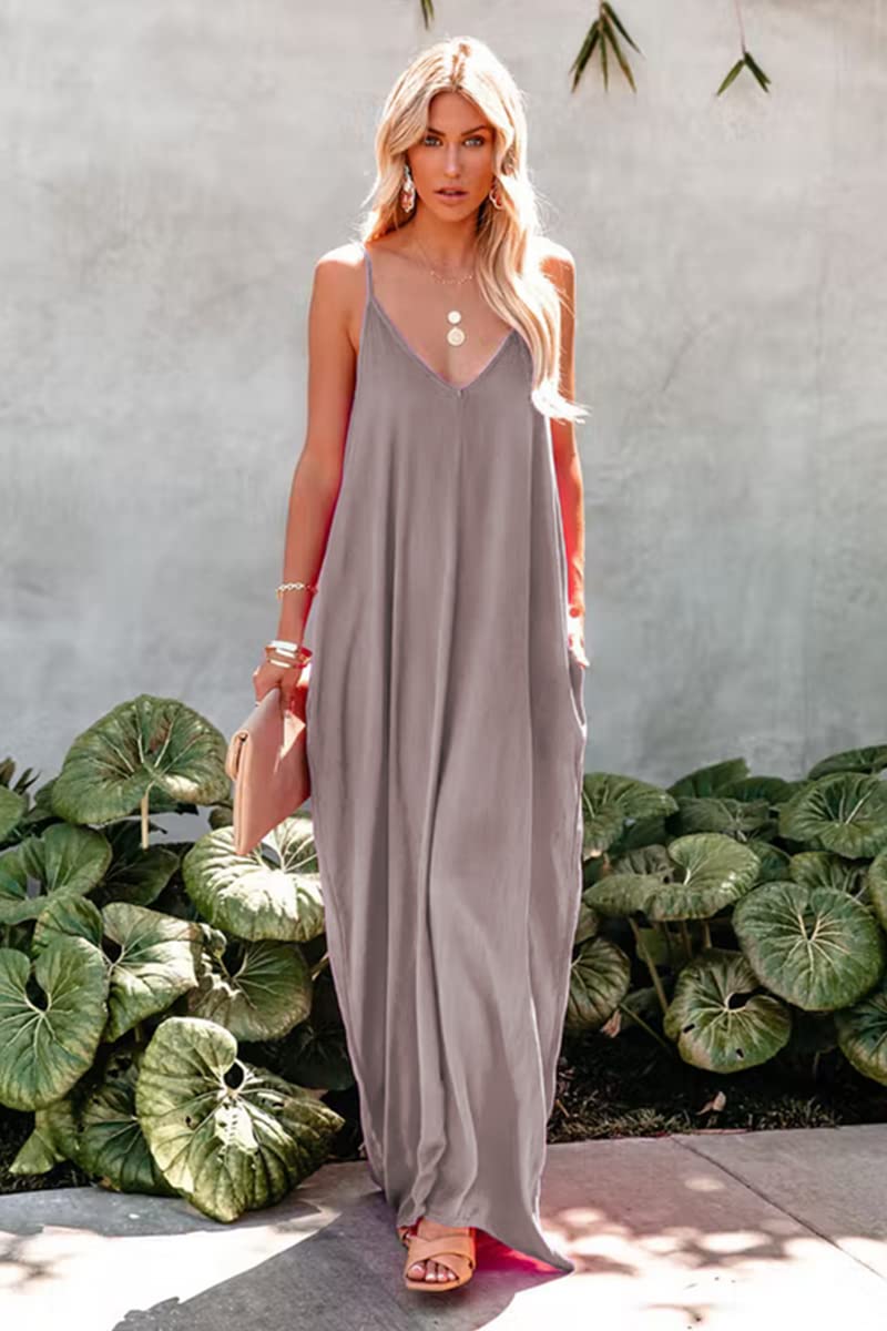 Poetsky Womens Casual V Neck Sleeveless Flowy Pockets Loose Long Maxi Beach Dress Sundress (XXL, Khaki) - Image 3